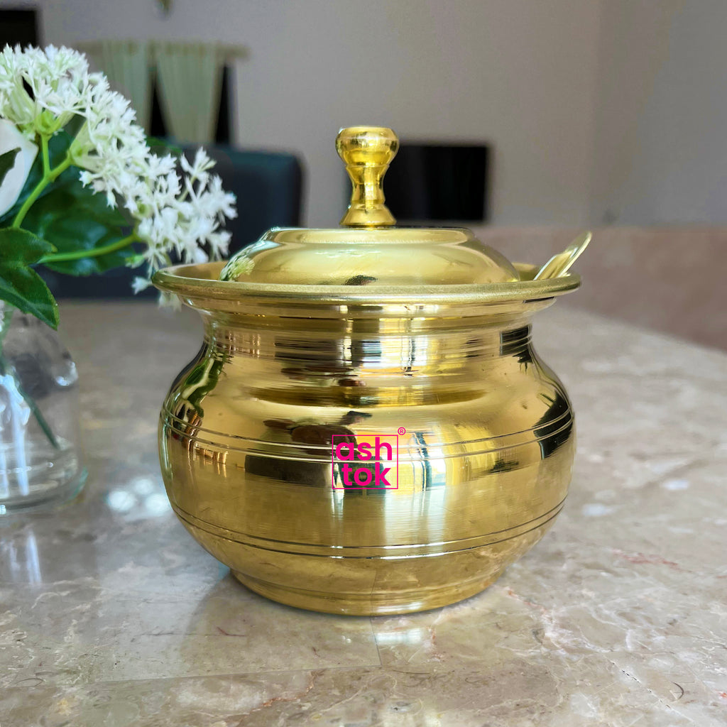 Brass Ghee Pot with lid and spoon, ghee serving container