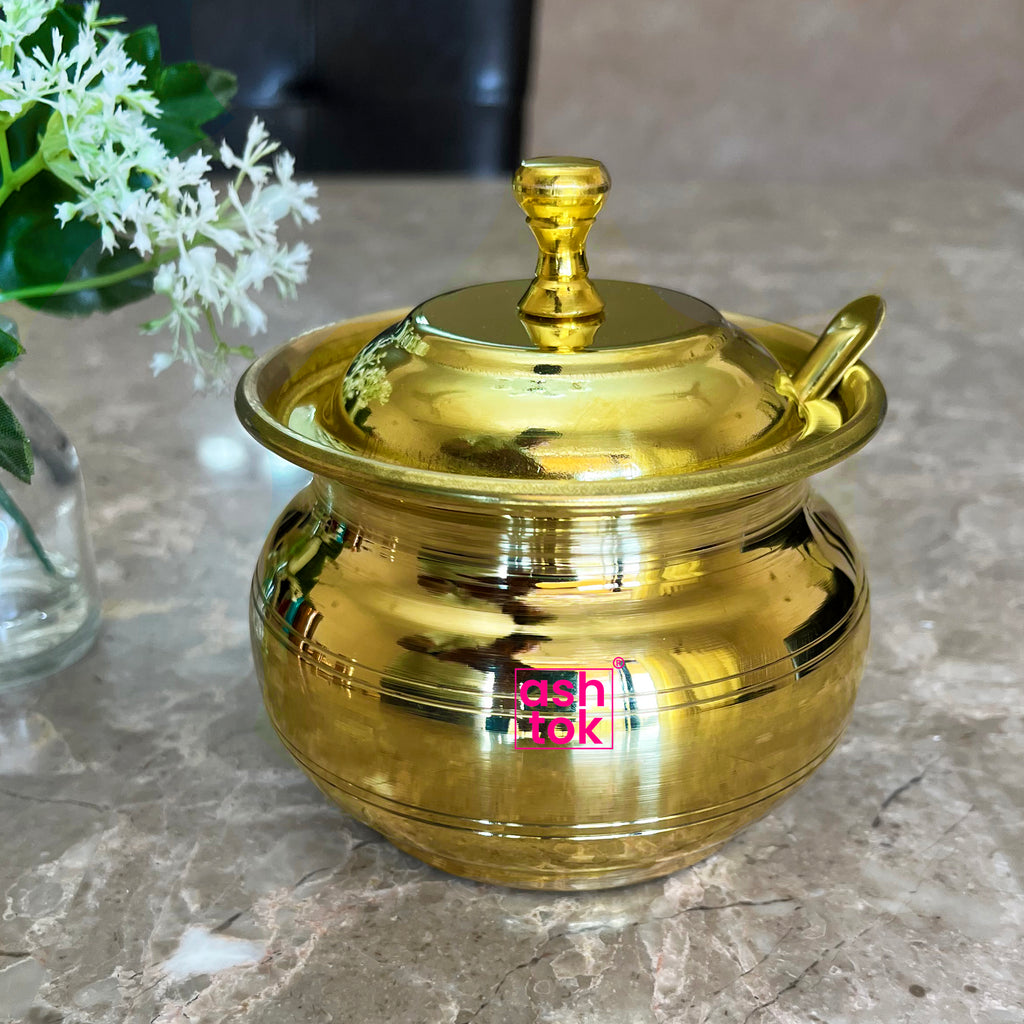 Brass Ghee Pot with lid and spoon, ghee serving container – Ashtok