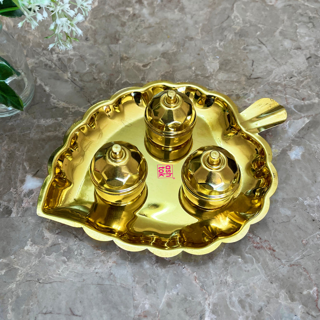 Gift Items, Brass Leaf Shaped Kumkum Box 3 Bowls Attached