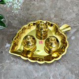 Gift Items, Brass Leaf Shaped Kumkum Box 3 Bowls Attached, Haldi Kumkum Box