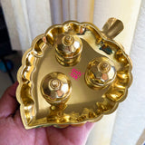 Gift Items, Brass Leaf Shaped Kumkum Box 3 Bowls Attached, Haldi Kumkum Box
