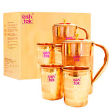 Copper water pitcher and glass set, elegant gift item for housewarming, weddings and festive occasions.