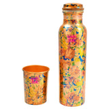 Pure Copper Water Bottle with Glass, Printed Flower Design and Leakproof Threaded Cap, Multicolour.