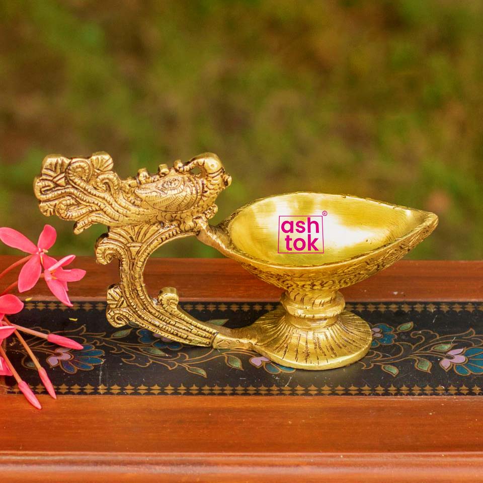 Brass Diya with Peacock handle, Deepam, Antique Brass Oil Lamp