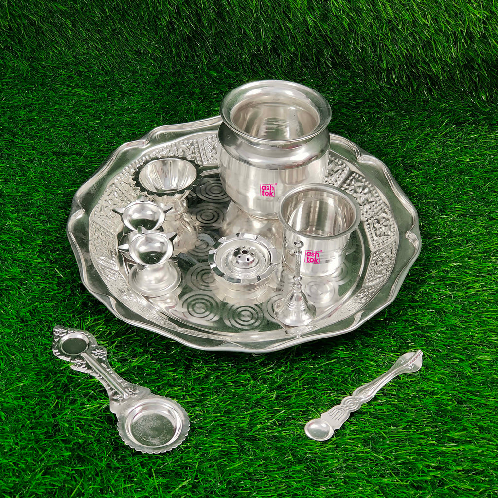 German Silver Pooja Thali Set, Puja Plate Set, Set of 10 Items, Colour - Silvery White.