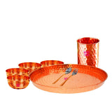 Premium South Indian copper thali dinner set with plate, glass, bowls, spoon and fork for elegant dining.