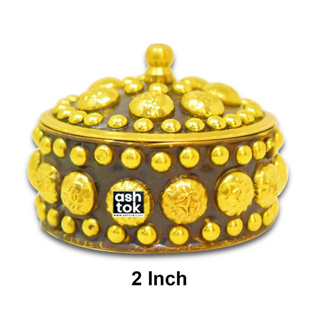 Brass KumKum Box, Sindoor Dani/Dabbi (Golden , Diameter - 2 Inch , 2 Set).