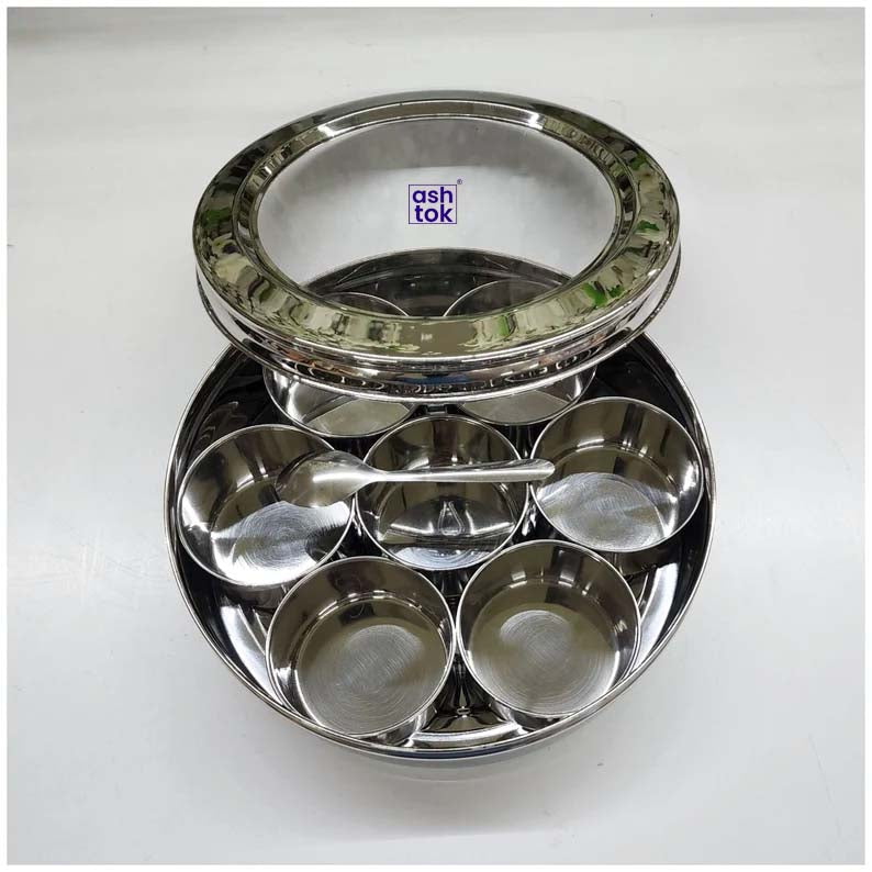 Stainless Steel Masala Box, Spice Container, Masala Dabba Set of 7 Bowls with transparent lid.
