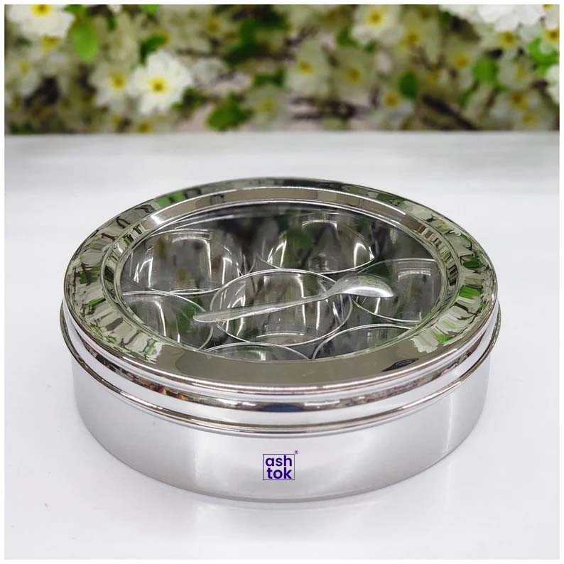 Stainless Steel Masala Box, Spice Container, Masala Dabba Set of 7 Bowls with transparent lid.