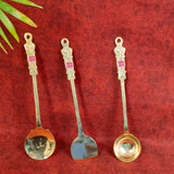 Traditional brass cooking ladle set of 3, ideal for Indian kitchens, cooking and serving food.