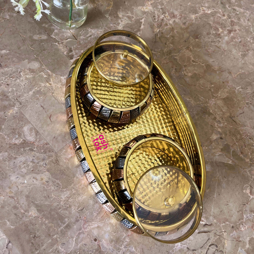 Brass and copper tray with 2 bowls, premium wedding return gift for engagements, anniversaries and celebrations.